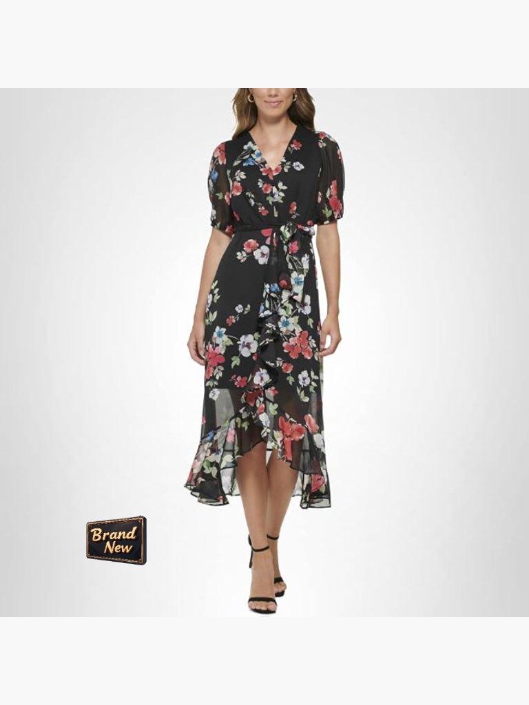 Ruffle Hem V-Neck Puff Sleeve Midi Dress - Chiffon Fit & Flare